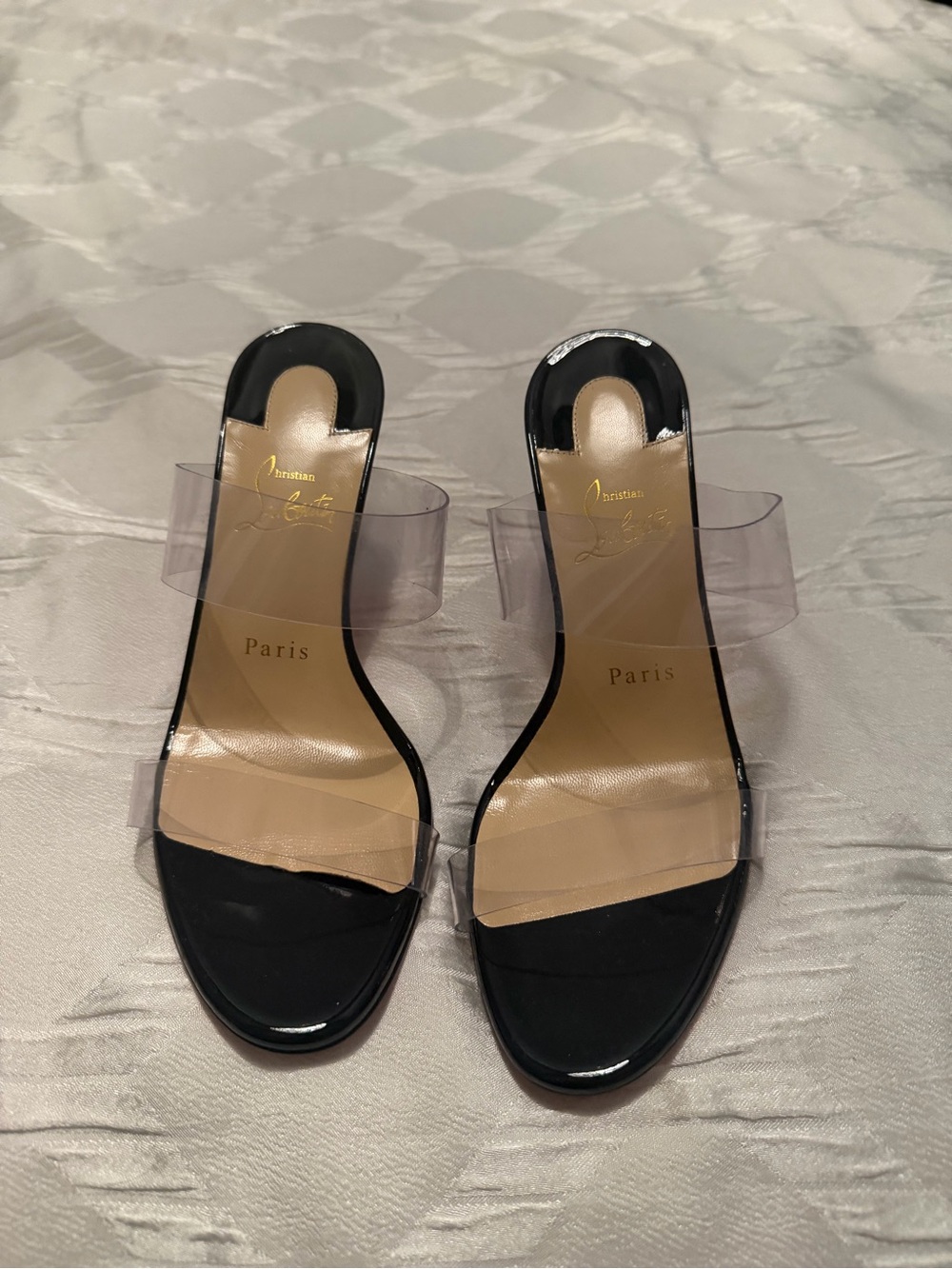 Christian Louboutin Black Patent and Clear Strap Slide Heels